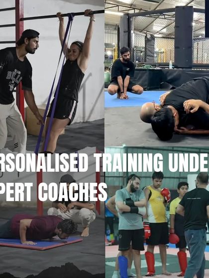 Our coaching philosophy is built on personalised attention across all disciplines. This collage shows our expert coaches guiding members through calisthenics progressions, MMA grappling, push-up form, and combat drills.