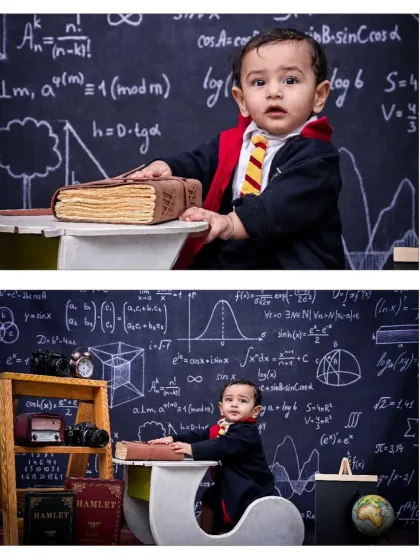 A two-photo collage from the Harry Potter inspired shoot. It shows both a full view of the magical classroom set and a closer shot of the baby looking curiously at the camera.