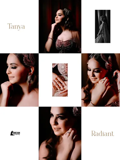 A grid collage of bride Tanya, titled 'Radiant', showcasing various close-ups and portraits from her Sagan.