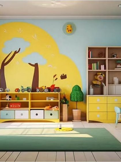 A bright and sunny playroom and bedroom with a cheerful wall mural. We used low, accessible shelving and colorful furniture to create a safe and stimulating environment for a young child.