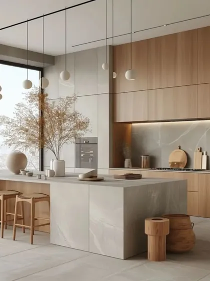 This 3D render of a Japandi-style kitchen shows our design versatility. We combined minimalist stone textures with warm, natural wood cabinets and an expansive island to create a space that is both functional and calming. We can adapt our modular designs to fit any aesthetic you envision.