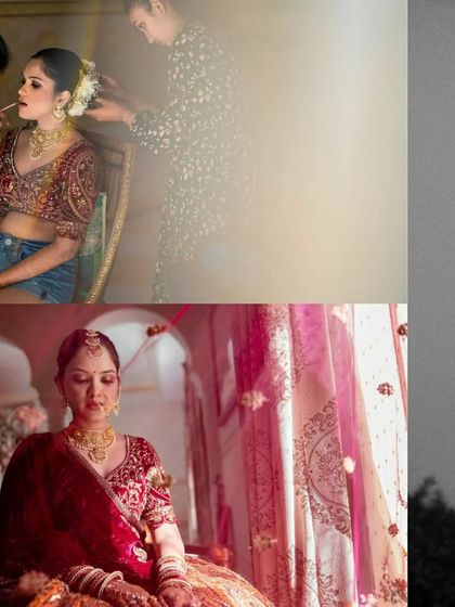 A creative collage blending a shot of the bride getting her makeup done with a portrait of her by the window, telling the story of her transformation.