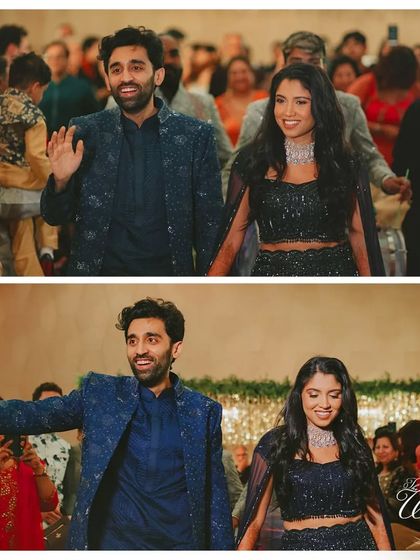 Waving to their loved ones as they enter the Sangeet. It's a celebration of community, and I make sure the couple feels the love and excitement from all their guests.