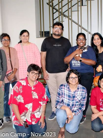 The team! A group photo of our volunteers and adopters at the end of a successful adoption camp in November 2023.