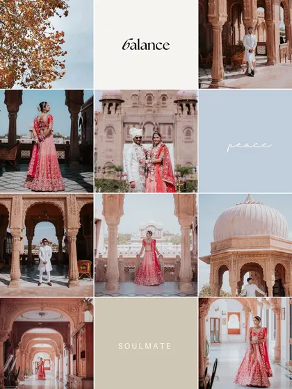 A beautiful mood board-style collage of the wedding at a palace, showcasing the couple, the bride, and the stunning architecture in a balanced and artistic layout.
