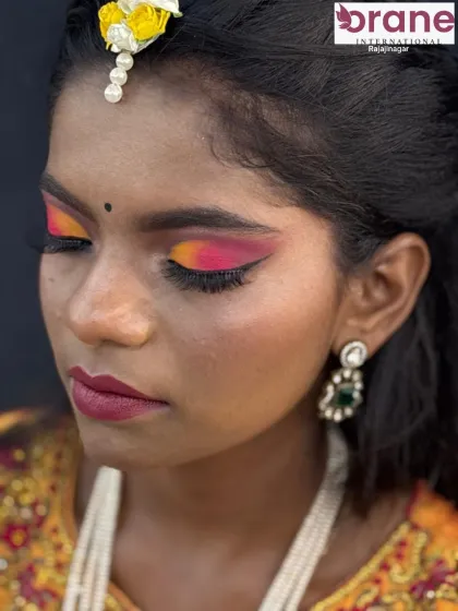 An angled close-up of the eye makeup, demonstrating the seamless blending of bright colors.