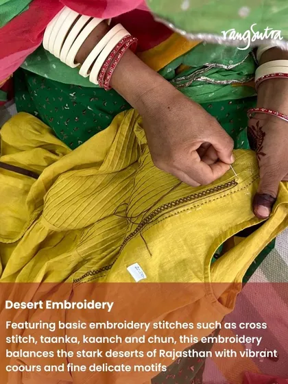 Our Saheli collection celebrates the intricate artistry of Desert Embroidery from Rajasthan. It features basic stitches like cross stitch, taanka, and kaanch (mirror work) to create vibrant, delicate motifs.