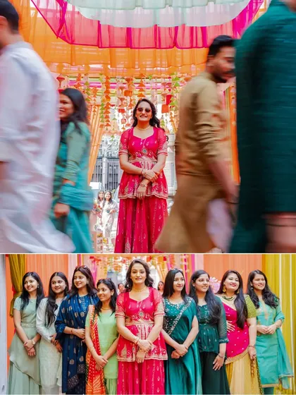 A collage from Akshara and Amandeep's Mehendi in Jaipur. It captures the bride in the midst of the celebration, as well as a lovely group photo with her bridesmaids.