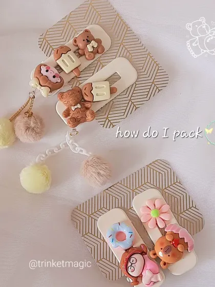 Looking for the perfect party favor? My handmade hair clips are a great choice. Here you can see how I pair them on cute backing cards, ready for your next event.