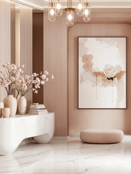 This foyer concept uses soft curves, a sculptural marble console, and abstract art to create a welcoming space that feels like a modern art gallery.