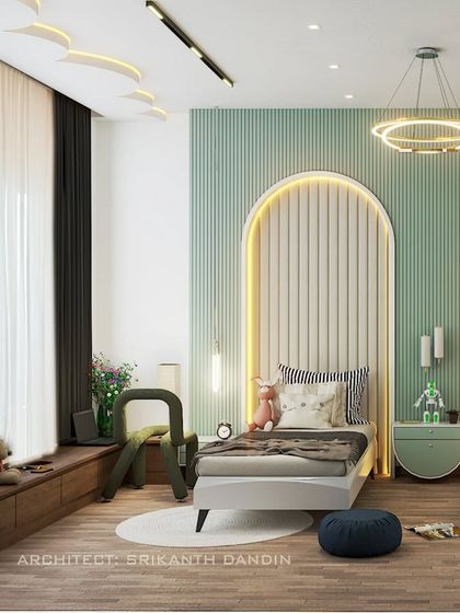A playful yet stylish kids' bedroom design featuring a mint green and wood color scheme, an arched headboard with accent lighting, and a cozy window seat.