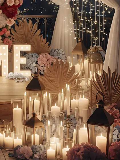 The magic is in the details. A close look at a candlelit arrangement, featuring a mix of pillar candles in hurricane vases, vintage lanterns, and dried botanicals to create layers of warmth and texture.