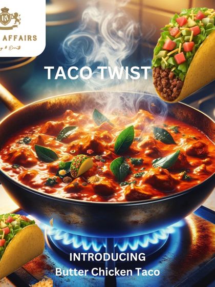 We love to innovate with fusion cuisine. This graphic introduces our Butter Chicken Taco, a unique creation that combines the rich, creamy flavors of India's favorite curry with the fun and crunch of a taco.