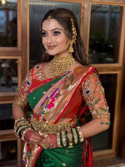A classic portrait of the bride, showcasing her complete look.
