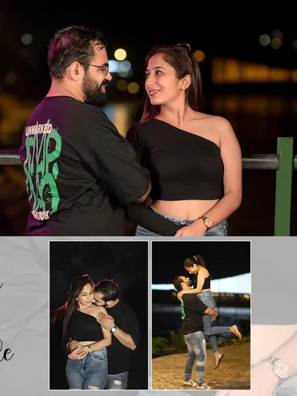 A collage of fun and intimate moments. The playful lift and the close-up shots show the couple's fun-loving nature and deep affection for each other.