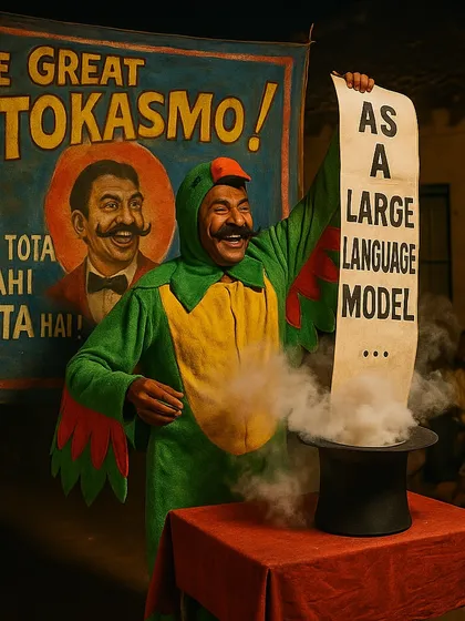 The Great Stokasmo, a magician in a parrot costume, pulls a scroll that reads 'As a Large Language Model...'. This piece satirizes our perception of AI as a magical, all-knowing entity.