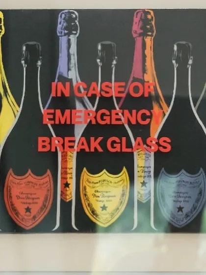 "In Case of Emergency, Break Glass," a pop art piece featuring Warhol-inspired champagne bottles, ready for a spontaneous celebration.