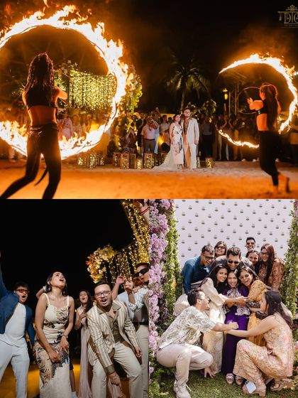 A collage of high-energy moments from the wedding celebrations, including fire dancers and joyous group photos. We plan events that are not just beautiful but also filled with unforgettable experiences and entertainment.