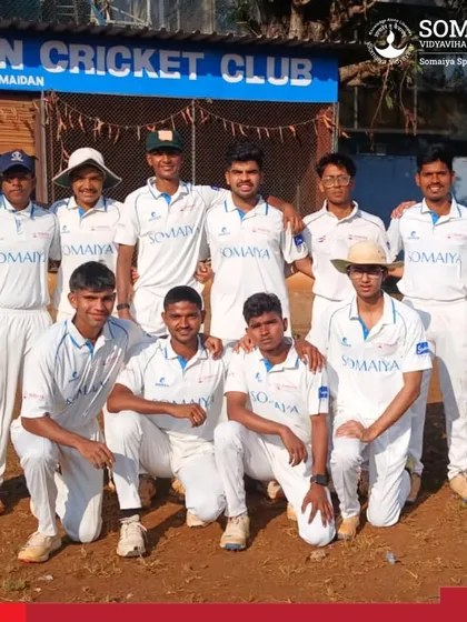 The K J Somaiya College of Science and Commerce team celebrates a dramatic 1-wicket victory in the MCA Cricket Tournament, a true test of their composure under pressure.