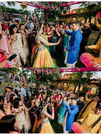 The couple dancing together, surrounded by their cheering friends and family. This shot captures the festive spirit and community feel of a Mehendi celebration.