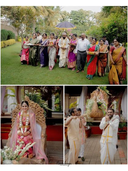 This collage captures the grandeur of the wedding procession and the bride's elegant entry, telling a story of tradition and celebration.