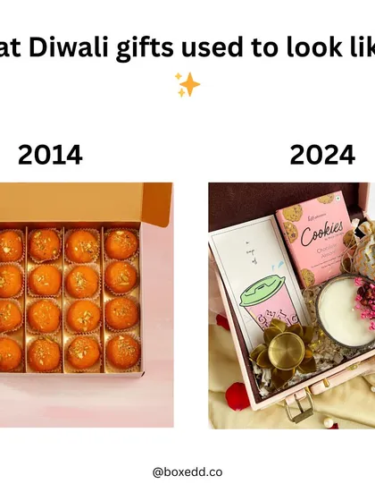 A fun comparison showing the evolution of Diwali gifts. We've moved from the standard box of ladoos in 2014 to a curated, aesthetic gift hamper in 2024, reflecting modern tastes.