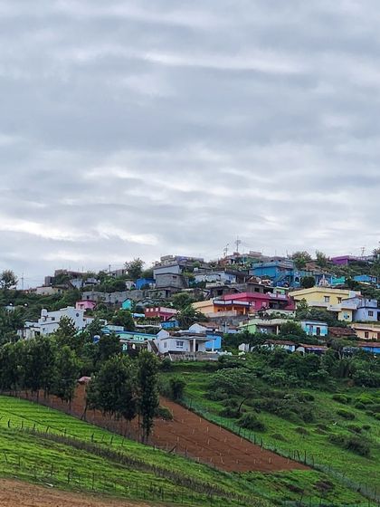 A colorful village nestled in the hills. These landscapes look like they're straight out of a childhood scenery painting.