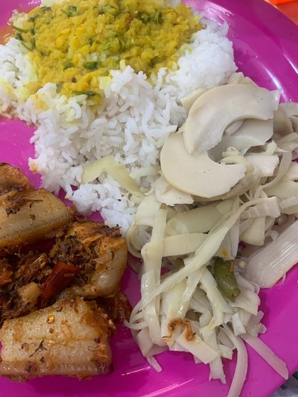 Another view of the pork thali, showing the different components of the meal.