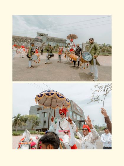 A diptych capturing the energy of the groom's baraat, with dhol players and the groom's triumphant entry on a horse.