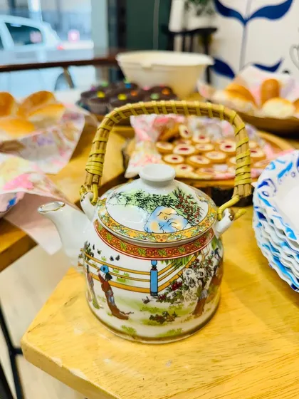 The centerpiece of our party, a beautiful, ornate teapot, ready to serve. The details matter, and this lovely pot adds an authentic touch to the Mrs. Potts theme.