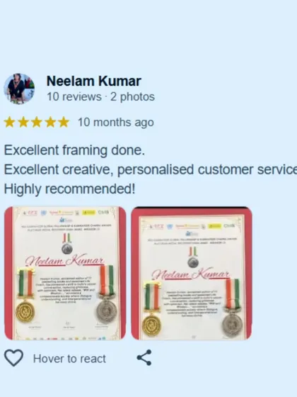 A client's review showcasing the medals and certificates we framed. We take great pride in creating personalized, creative displays for such important achievements.