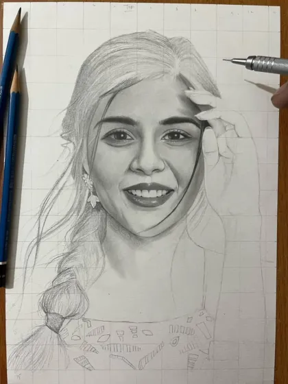 A close-up of the Kalyani sketch, showing the mechanical pencil I use for fine details.