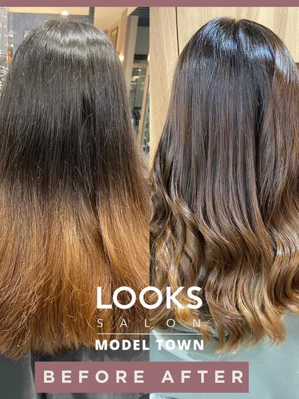 From brassy and damaged to a rich, glossy balayage. This before and after showcases how we combine color correction with deep conditioning treatments to not only change the shade but also improve the hair's overall health and texture.
