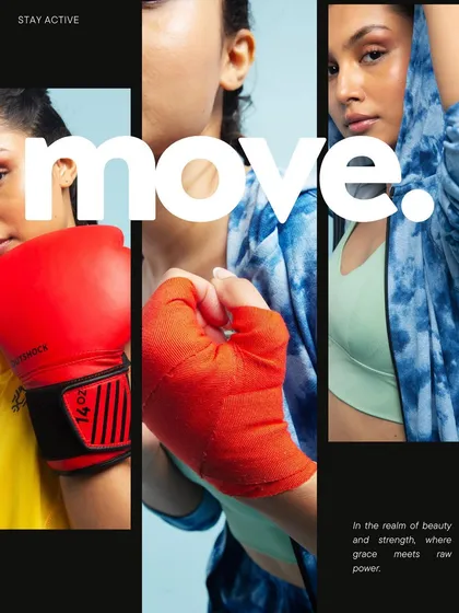A graphic and energetic composite image for an activewear brand. The "move" text overlays dynamic shots of models in fitness gear, creating a powerful and motivational piece of advertising photography.