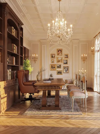 A personal study or library is a space for reflection and knowledge. I designed this room to feel like a step back in time, using rich wooden, floor-to-ceiling bookshelves, a classic leather chair, and a grand chandelier to cultivate a cozy, sophisticated, and refined atmosphere.
