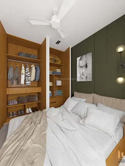 This shot reveals the inside of the wardrobe, which has a wooden laminate finish for a touch of warmth and quality.