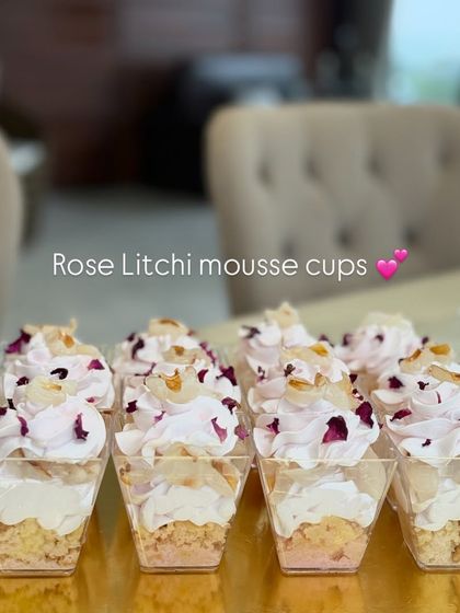 Our elegant Rose Litchi mousse cups. The delicate floral and fruity flavors make this a light and refreshing dessert option.
