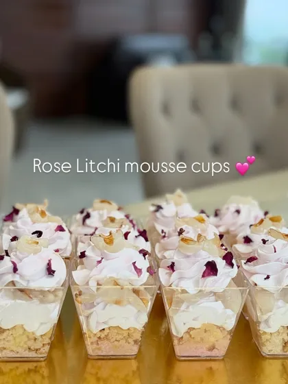 Our elegant Rose Litchi mousse cups. The delicate floral and fruity flavors make this a light and refreshing dessert option.