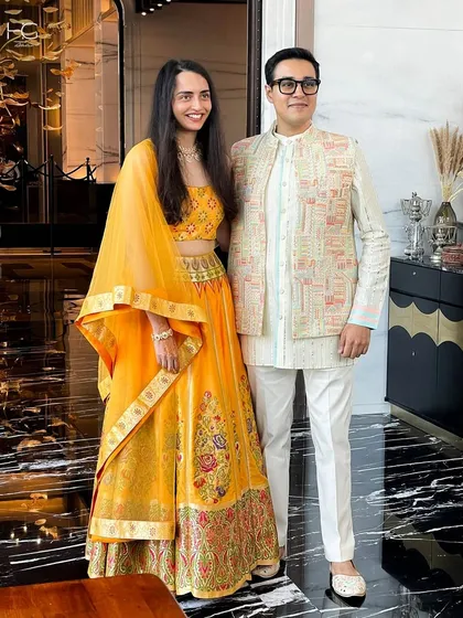 I love working with pastels for sun-soaked rituals like the Haldi. For Nishit, I designed this embroidered bundi jacket over a simple kurta to create a look that was festive, comfortable, and effortlessly stylish.