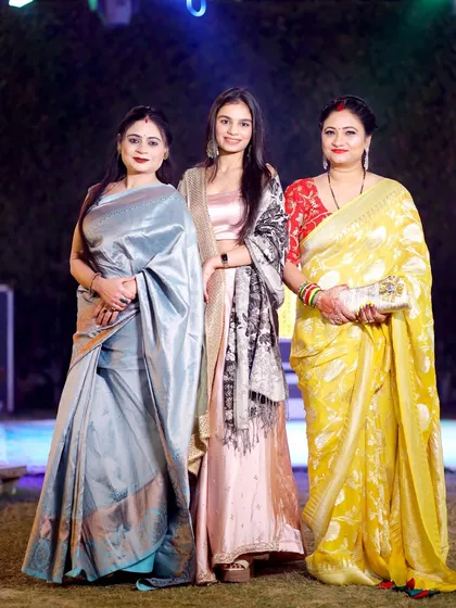 An elegant group portrait of three women in their beautiful traditional wear. I specialize in composing group photos where everyone looks their best.