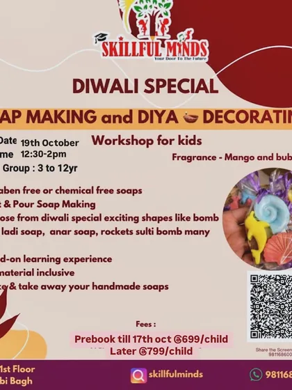A Diwali special that's clean and creative. Our Soap Making and Diya Decorating workshop lets kids create paraben-free soaps in festive shapes and decorate their own diyas.