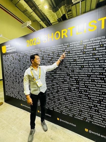 Pointing out our firm's name on the 2023 World Architecture Festival shortlist. A proud moment for Atrey & Associates.