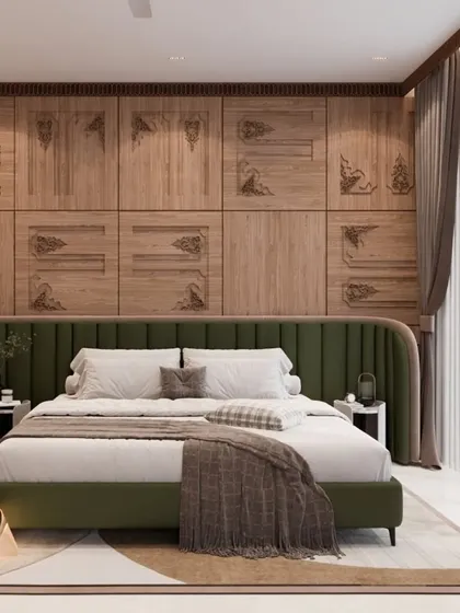 A frontal view of the bedroom, highlighting the stunning carved wood wall. The floor-to-ceiling windows invite ample natural light, creating a warm and inviting atmosphere.