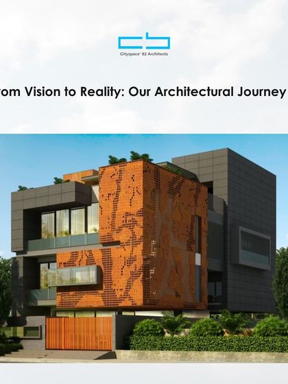 A title card for a series on my architectural journey, from vision to reality. The image features a building with a unique perforated corten steel facade, representing a testament to modern design.