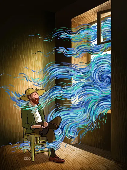 The artist sits quietly in a dark room as the swirling, energetic breeze of the outside world flows in through the window. It’s a moment of passive creation, letting inspiration come to you and fill your solitary space.
