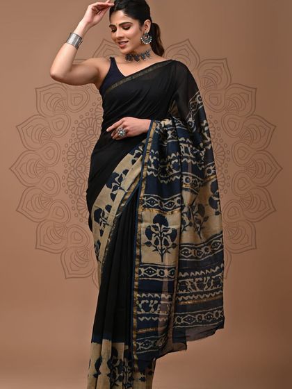 A black pure Chanderi cotton silk saree with a classic indigo-style hand block print.