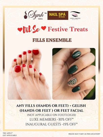 This festive offer for our Fills Ensemble is perfect for keeping your hands and feet looking flawless. The package includes fills plus a Gelish application or foot facial.