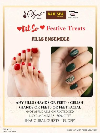 This festive offer for our Fills Ensemble is perfect for keeping your hands and feet looking flawless. The package includes fills plus a Gelish application or foot facial.