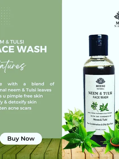 This is my Neem & Tulsi Face Wash, specially formulated for oily and combination skin. It uses the natural purifying properties of original neem and tulsi leaves to deeply cleanse, help prevent pimples, and lighten acne scars for clearer skin.