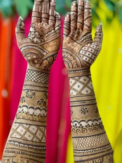 This design features a mix of checks, floral bands, and paisleys, covering the hands and arms in a beautiful tapestry of patterns.